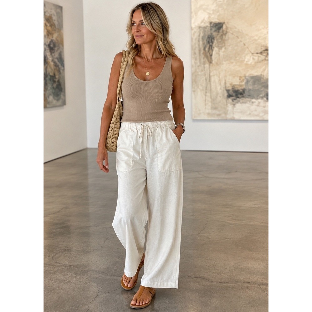 NEW Max Studio Linen Blend Pants Sz S White Wide Leg Boho Beach Pull On $88 NWT